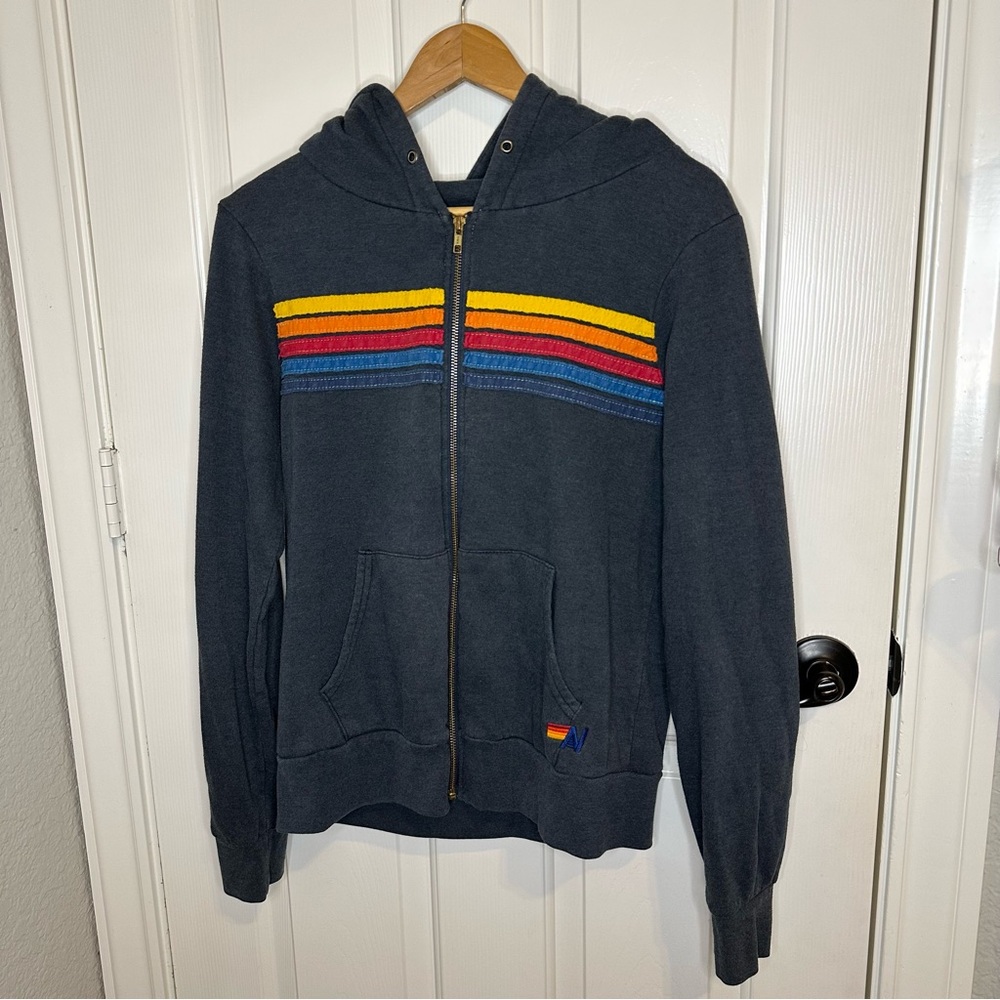 Avaiator Nation Navy Blue 5 Stripe Hoodie Sz M *Flawed* Surfer Indie Skater Cozy - Picture 2 of 10